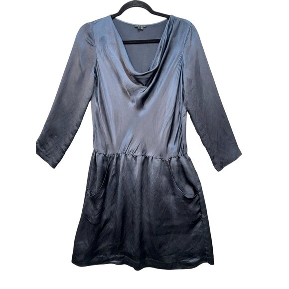 Vintage Theory Womens Cowl Neck Satin Mini Dress Size 4 Slate Gray 3/4 Sleeve - Picture 1 of 11
